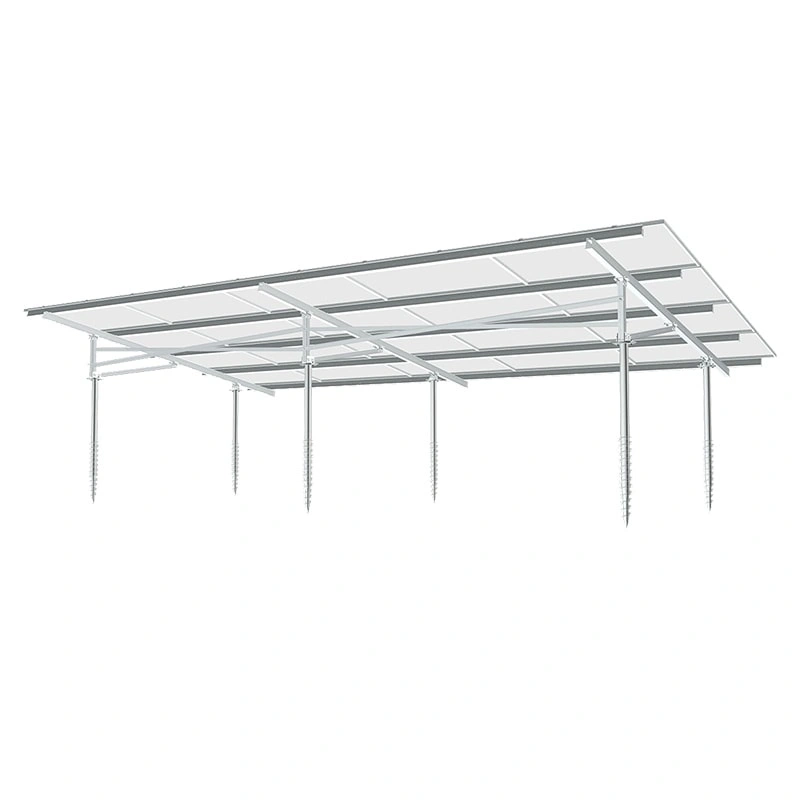 Back perspective 3D render of helical ground mounting structure highlighting modular design and PV panel layout