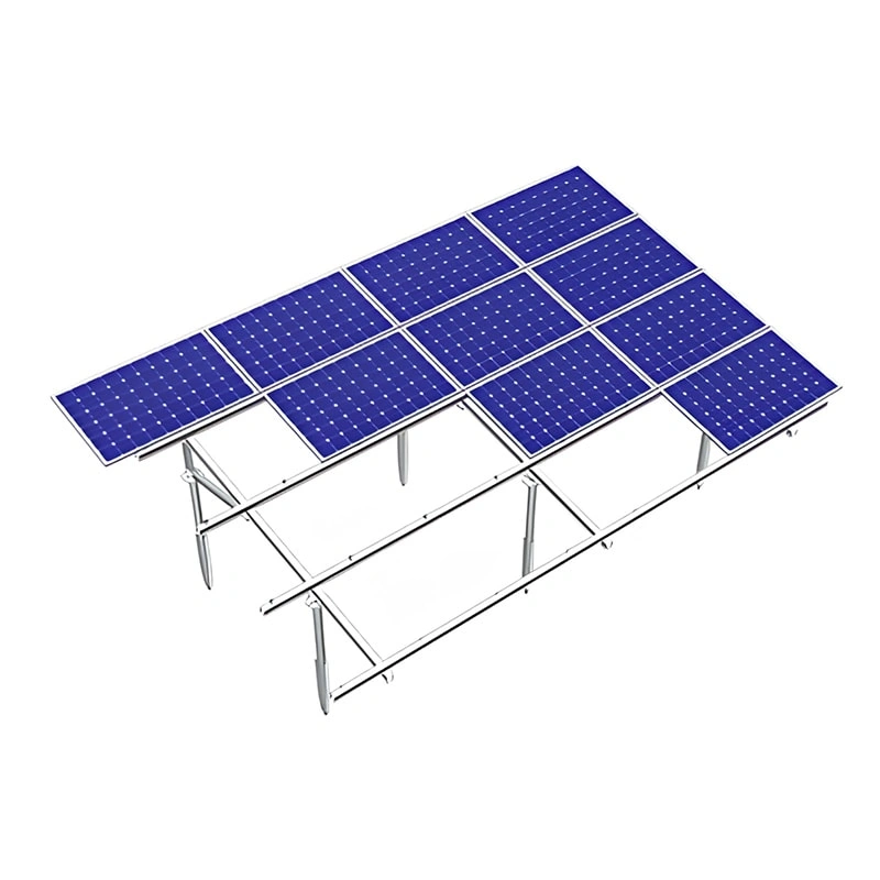 Front perspective 3D render of helical ground mount showing frame structure and PV panel layout