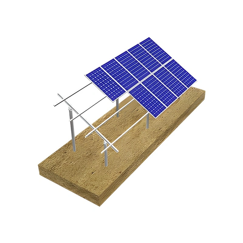 Front and top view 3D render of helical ground mounting structure showing frame and PV panel layout