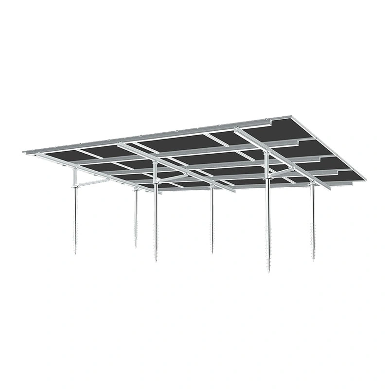 Rear view 3D render of helical ground mounting structure showing support beams and connectors