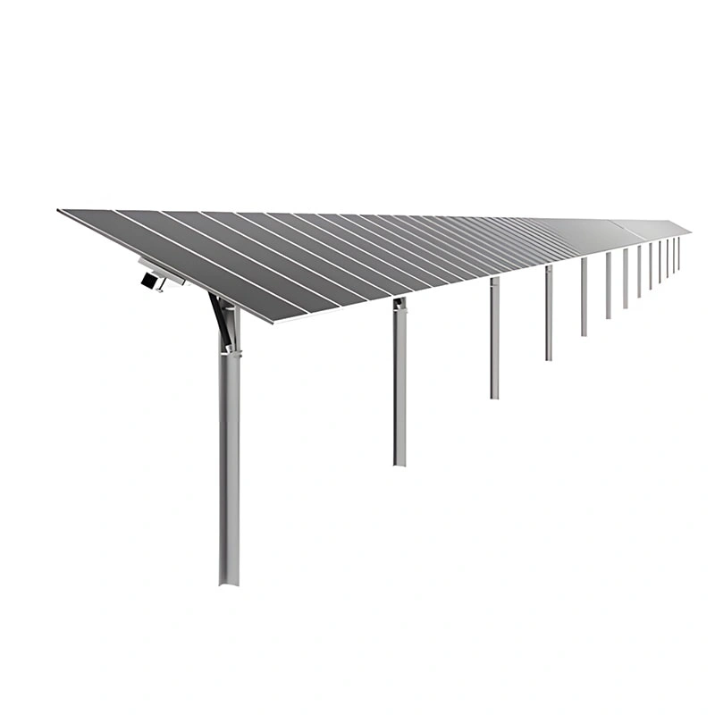 Front view 3D render of solar tracker mount showing structure and PV panel layout