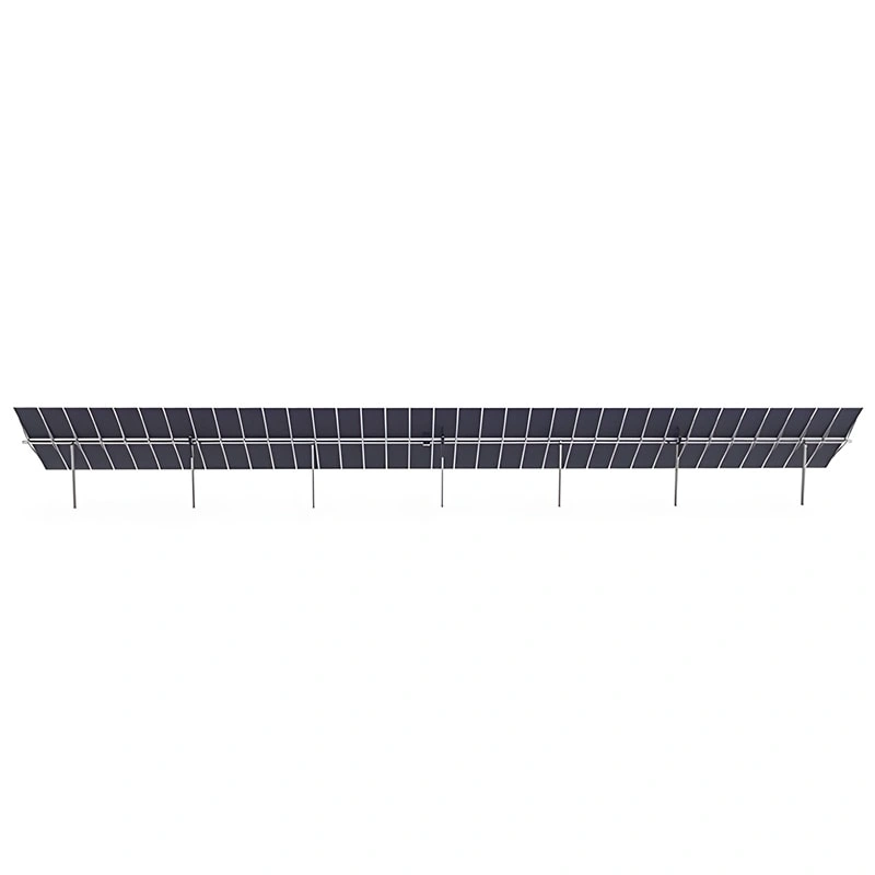 Panoramic 3D render of solar tracker mount showing full solar tracking system layout
