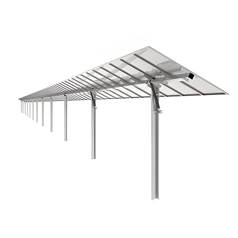 Side view 3D render of solar tracker mount showing support structure and panel tilt