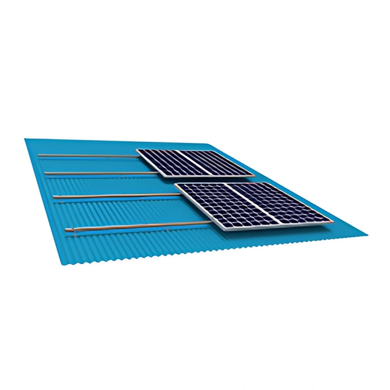 3D render front view of multiple rows of PV racks mounted on a metal roof