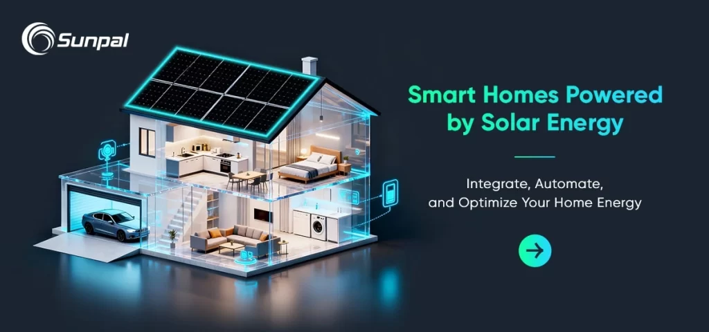 3D home interior showing solar panels, EV in garage, and smart energy icons.