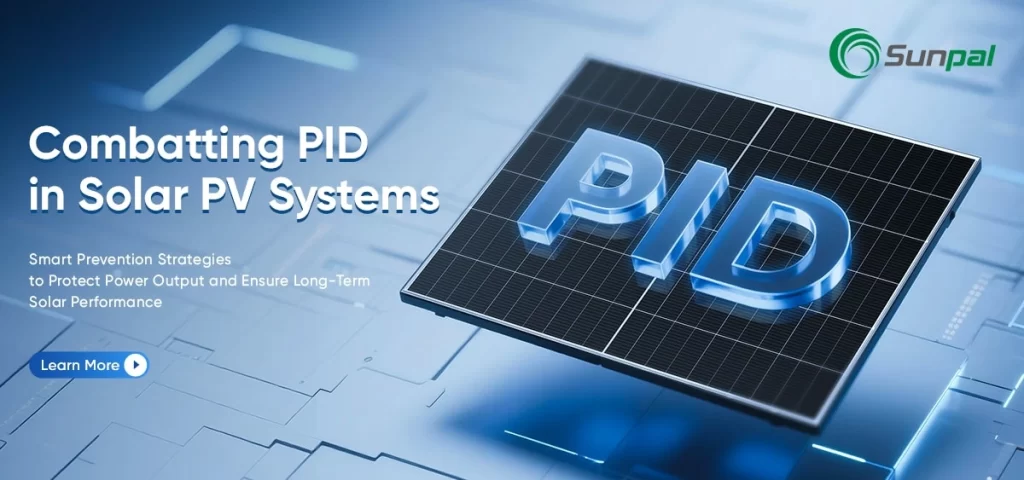 Close-up PV module graphic with PID label and tech background; headline on smart PID prevention for sustained solar yields.