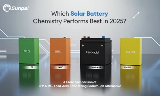 Row of different battery types and icons representing chemistry (Li‑ion, lead‑acid, flow) beside a solar array and Sunpal logo.