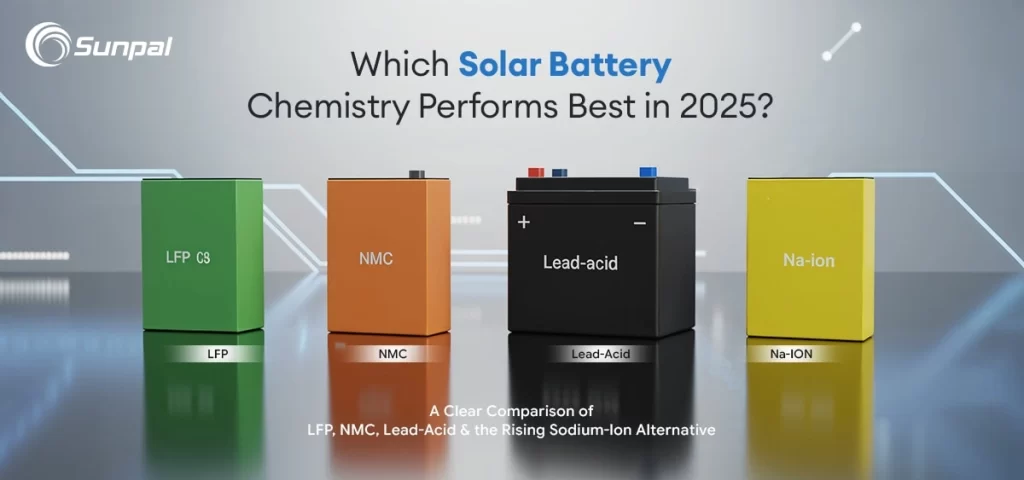 Graphic of solar panels with labeled battery units of varying sizes and chemistries, highlighting performance differences.