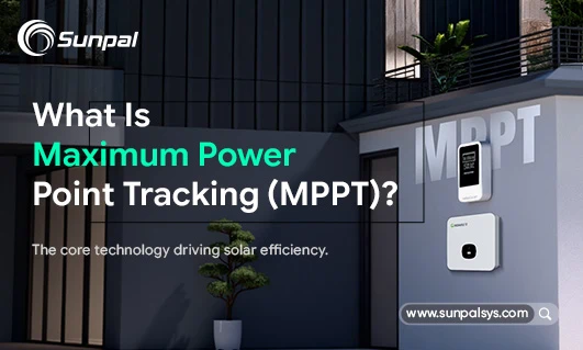 Solar panel system with MPPT device and a modern building backdrop.