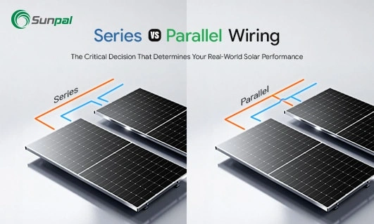 Side‑by‑side illustration of two solar panels wired in series (left) and parallel (right) with colored connection lines and Sunpal logo.