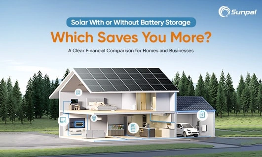 Cross‑section home with rooftop solar, EV in garage and icons showing power flow to appliances and a battery; Sunpal logo top right.