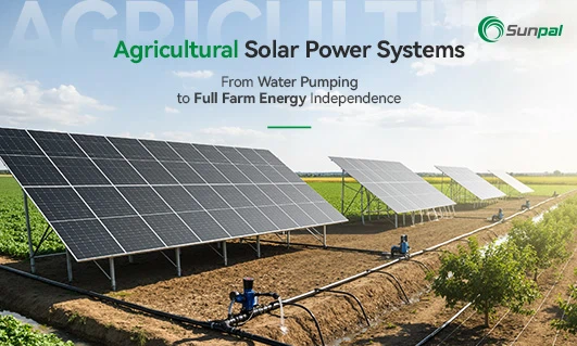 Solar panels installed over a farm field, powering irrigation and farm systems.