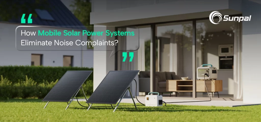 Outdoor setup of foldable solar arrays feeding compact energy units at an event site.