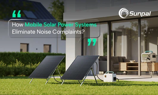 Mobile solar panels powering a festival or event space with quiet generators nearby.