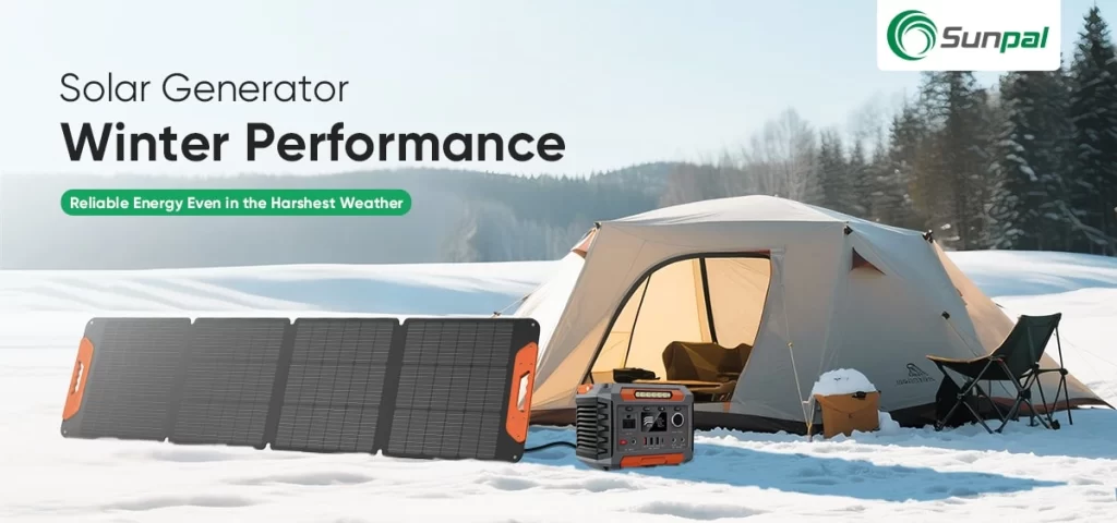 Sistema di generatori solari funzionante all'aperto in un inverno rigido con una tenda da campeggio nelle vicinanze.