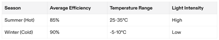 Grafico che mostra l'efficienza dei pannelli solari, l'intervallo di temperatura e l'intensità luminosa per le stagioni estiva e invernale.