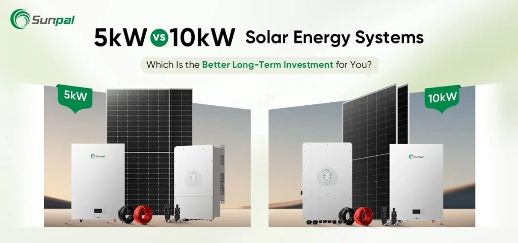 Vista en paralelo de paneles solares e inversores de 5 kW y 10 kW sobre un fondo claro.