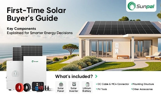 Solar panels on a modern home with solar system components displayed in front.