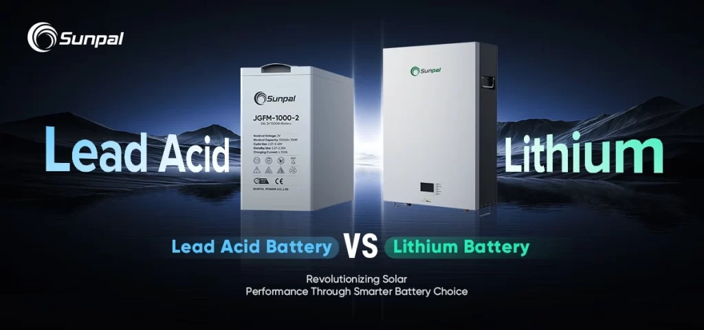 Immagini affiancate di batterie solari al piombo e al litio con sfondo scuro di montagna.