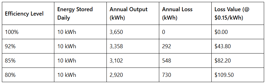 Tabla que muestra la producción anual de energía, las pérdidas en kWh y el correspondiente coste de las pérdidas para distintos niveles de eficiencia almacenando 10 kWh diarios.