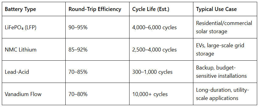 Tabla comparativa de la eficiencia de ida y vuelta, la vida útil estimada y los usos típicos de las baterías de LiFePO4, litio NMC, plomo-ácido y flujo de vanadio.