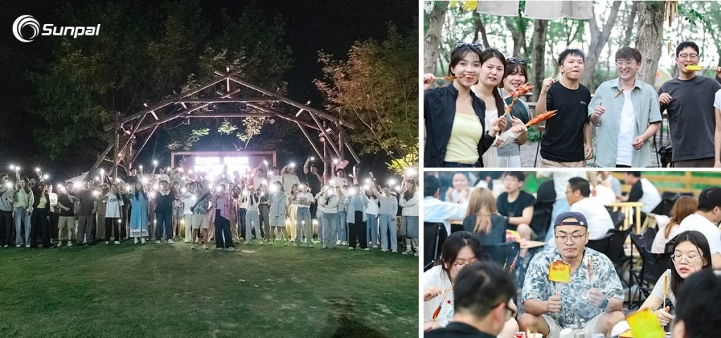 Il team Sunpal si gode un incontro notturno con luci e barbecue all'aperto.