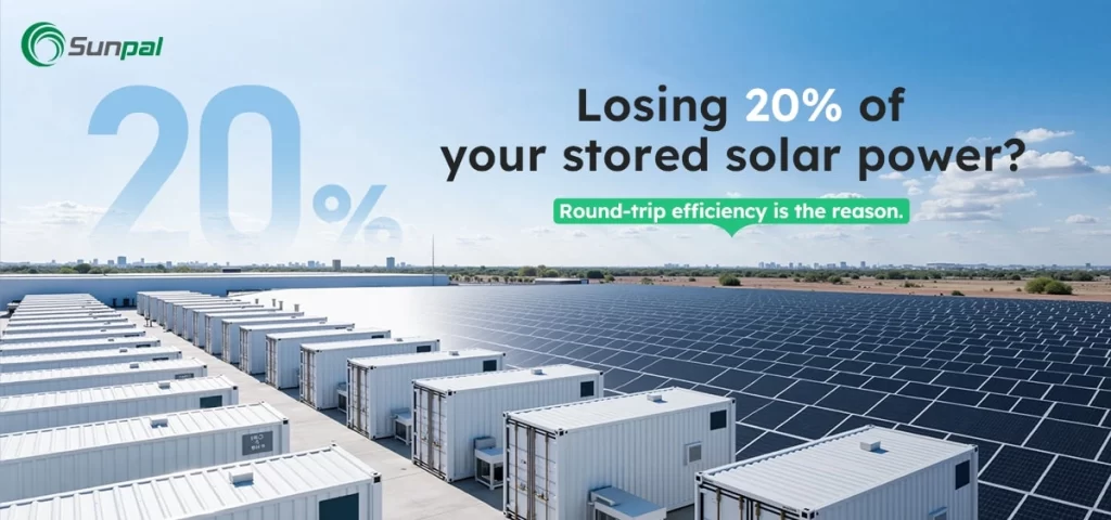 Paneles solares que se extienden por una amplia zona con múltiples grandes almacenes cercanos bajo un cielo azul.