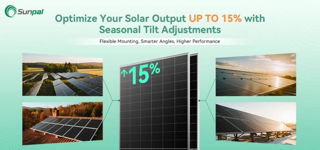 Various solar panel installations demonstrating seasonal tilt adjustments for higher performance.