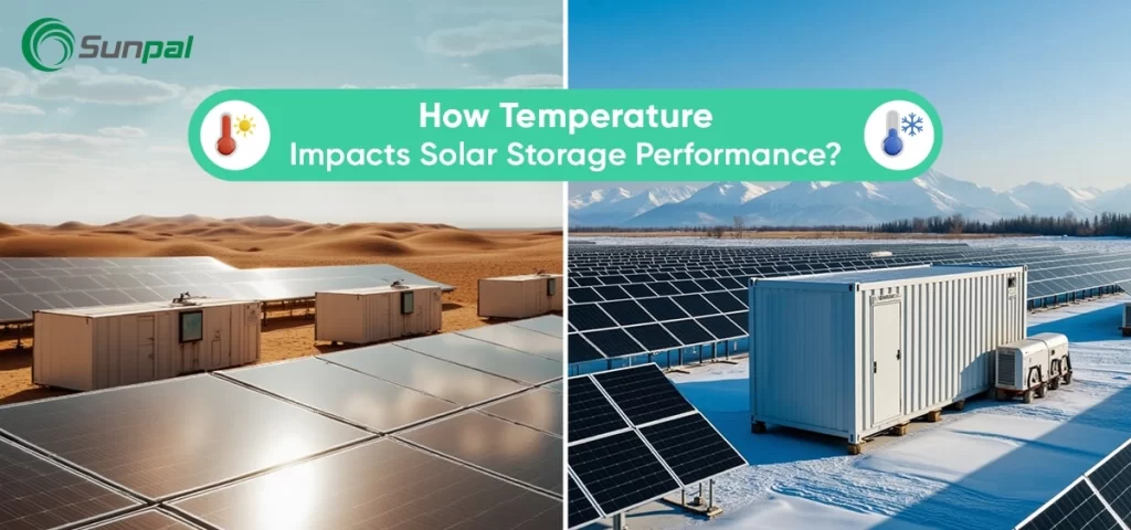 Side‑by‑side scene of PV fields in heat and cold with a storage unit, showing thermal impact on systems.