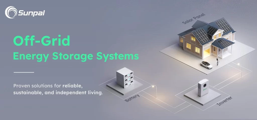 Diagram showing solar panels, battery bank, and inverter linked to a standalone home.