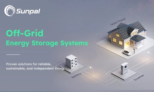 Isometric illustration of a house with solar panels connected to battery and inverter units.