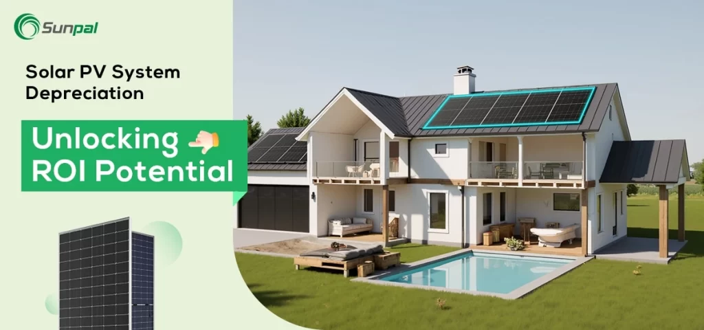 Residential property showing solar array highlighted on roof with branding and ROI callout on the left.