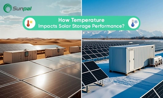 Solar array and storage containers split between hot desert and snowy field illustrating temperature extremes.