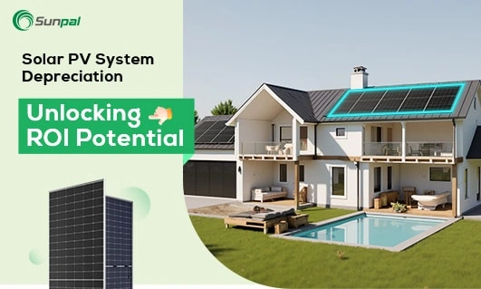 Modern house with rooftop solar panels and pool, plus a green panel graphic and “Unlocking ROI Potential” text.