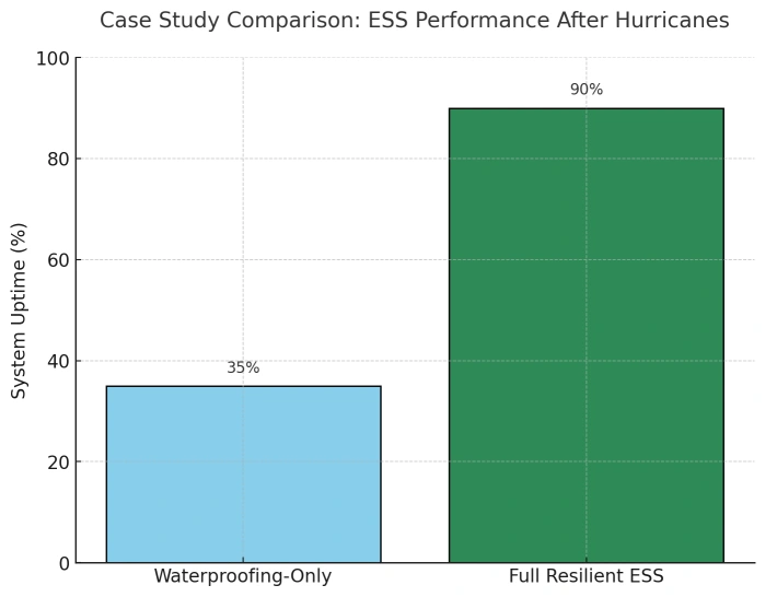 Bar chart comparing system uptime: Waterproofing‑Only 35% vs Full Resilient ESS 90%.