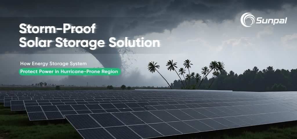 Panoramic PV field under approaching storm clouds with palm trees and a bold title about storm‑resilient energy storage.