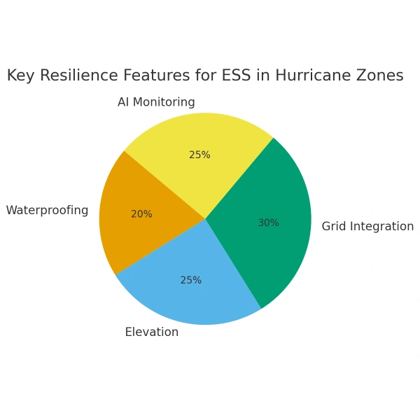 Pie chart showing resilience features: Grid Integration 30%, Elevation 25%, AI Monitoring 25%, Waterproofing 20%.
