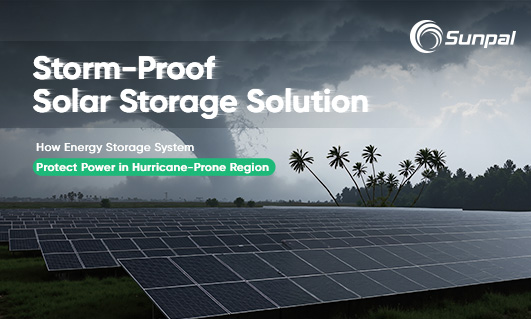 Banner showing a large ground‑mounted solar array with a dark storm sky and a tornado in the background; headline highlights storm‑proof storage.