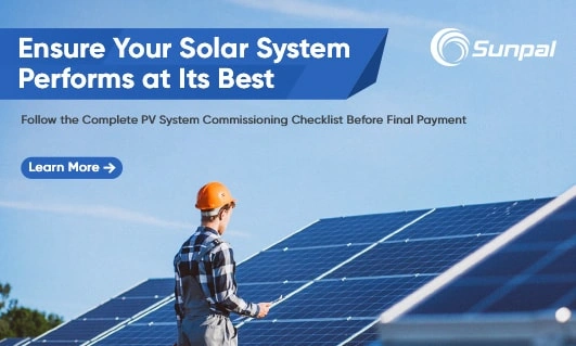 Technician inspecting solar panels with headline about commissioning.
