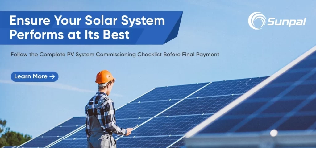 Solar installer on a rooftop checking panels; banner about a PV commissioning checklist.