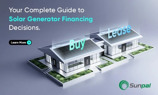 Two modern houses with rooftop solar labeled “Buy” and “Lease,” illustrating financial choices for solar generators.