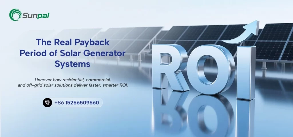 Sleek Sunpal banner showing reflective "ROI" text and solar array, advertising payback insights for multiple use cases.