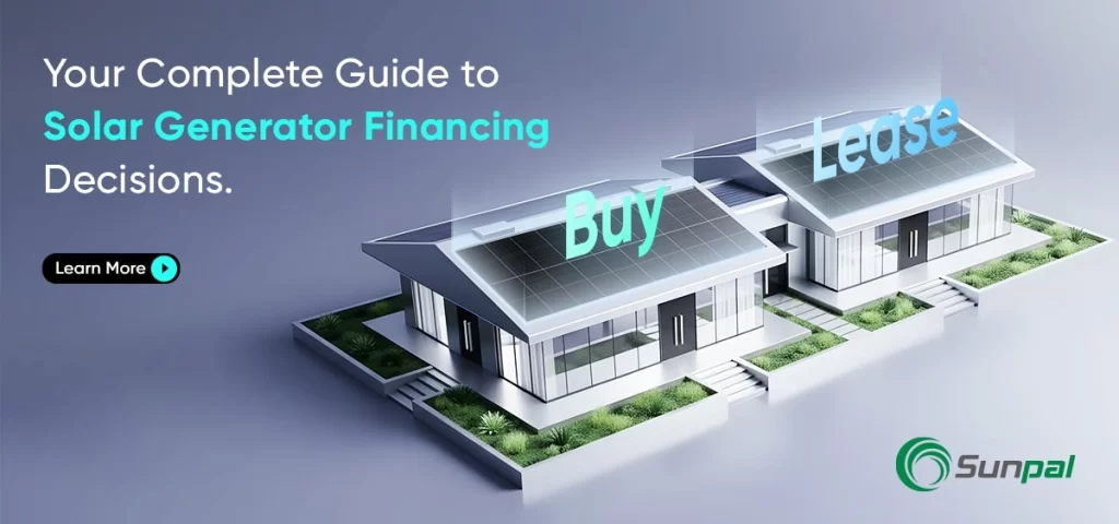 3D homes with solar panels tagged “Buy” and “Lease,” promoting a guide to deciding between solar financing options.