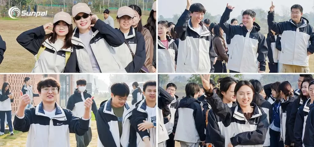 Four-panel collage of Sunpal employees outdoors: smiling colleagues in matching jackets and caps, waving and posing during the company hike.