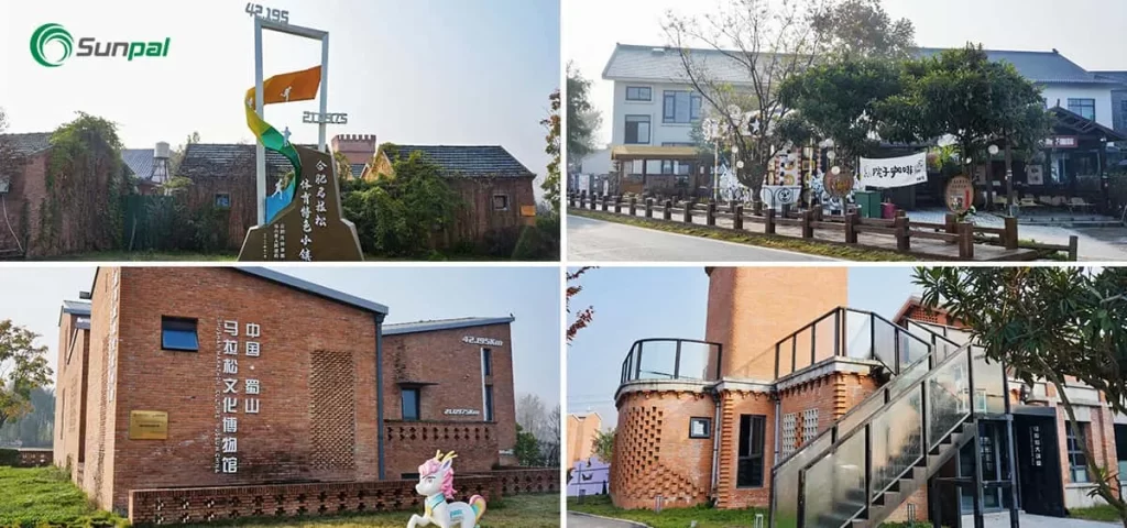 Four-panel collage of a cultural site: outdoor landmark sculpture, street-front buildings, a brick museum with Chinese signage, and a small brick tower with glass stairs.