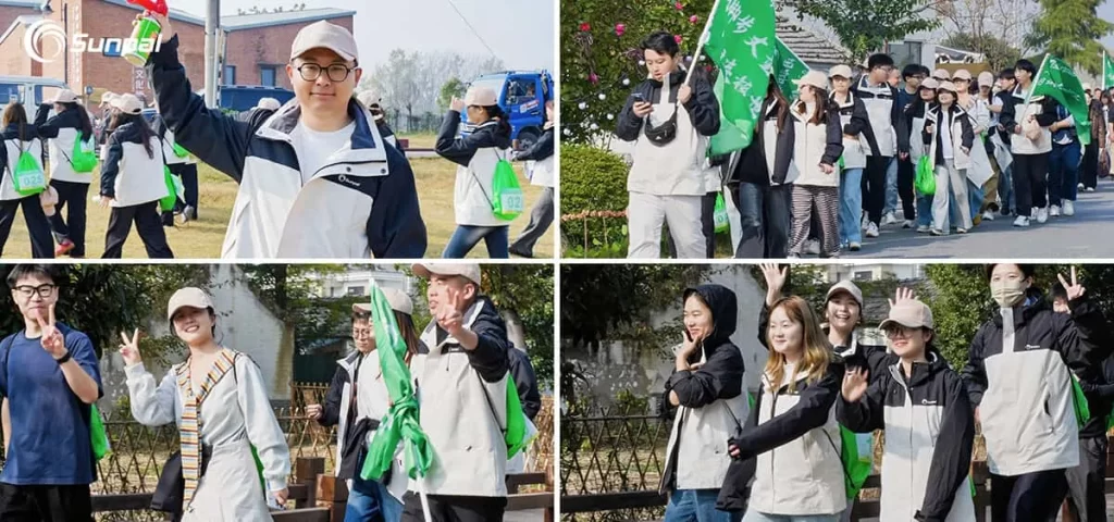 Four-panel collage of Sunpal employees outdoors: colleagues smiling, waving, and marching in lines while carrying green drawstring bags and team flags.