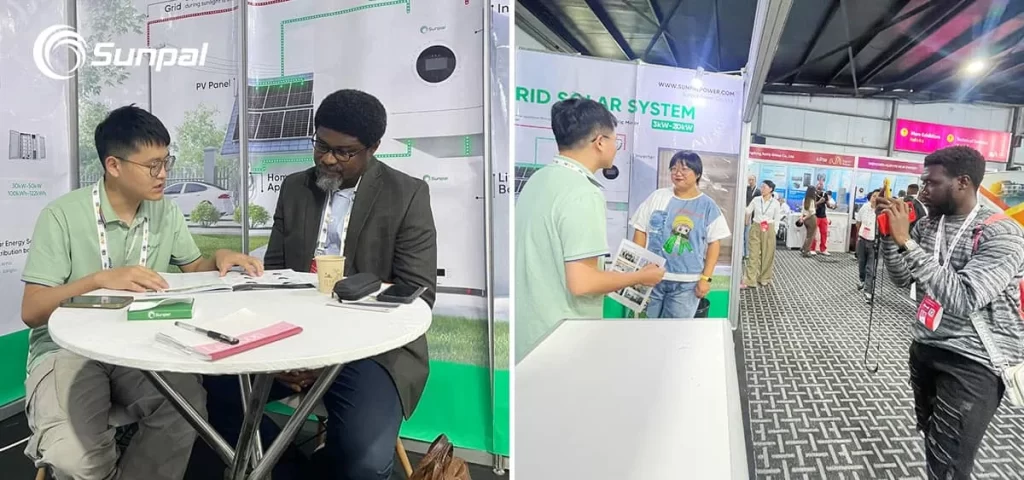 Two-panel image: left — Sunpal rep reviews brochures with a visitor at a round table; right — rep speaks to an attendee while another records the scene.
