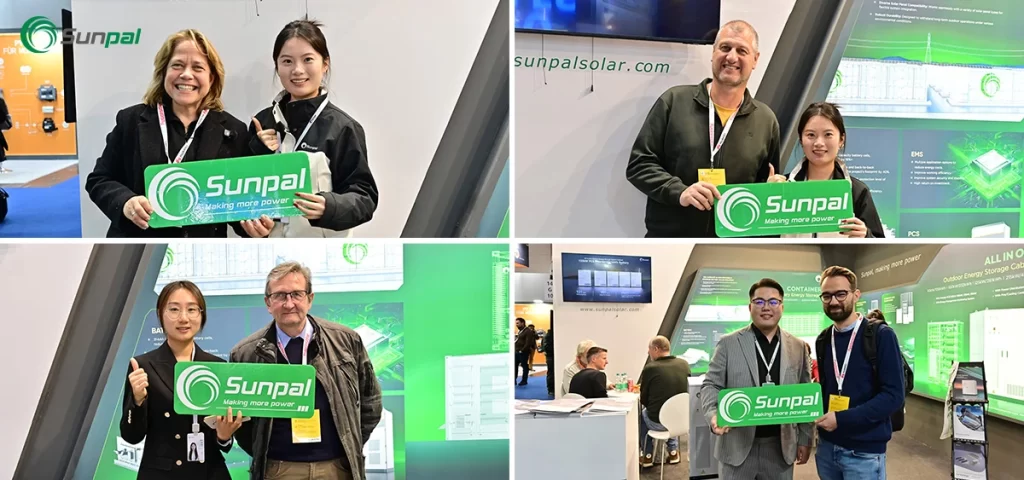 Sunpal team standing with partners in a trade-show booth, with solar panels imagery in the background.