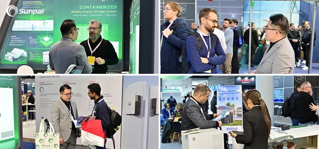 Collage of Sunpal booth interactions with European partners, showing discussions, demos, and brochures.